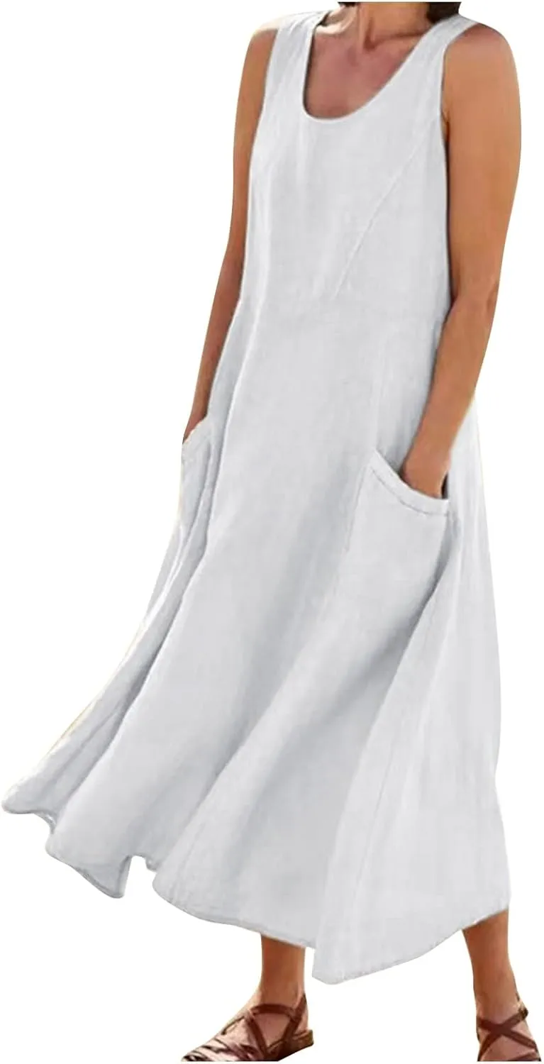 midelxp Summer Sundresses for Women Casual Loose Swing Beach Tank Dresses Sleeveless Solid Color Long Dresses with Pocket