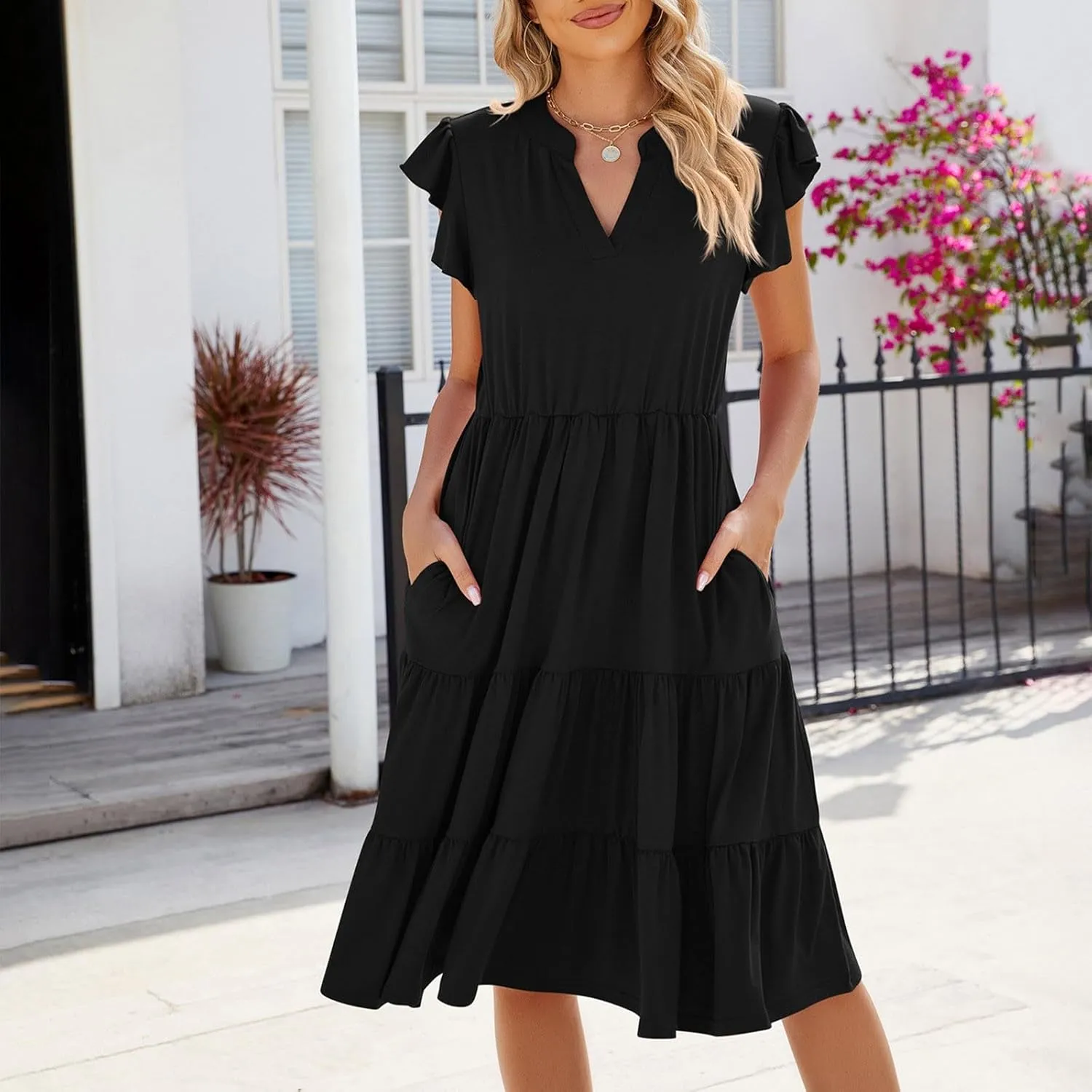 Midi Dress for Women Summer Fashion Ruffle Sleeve V Neck Dresses with Pockets Casual A Line Tiered Boho Beach Dress