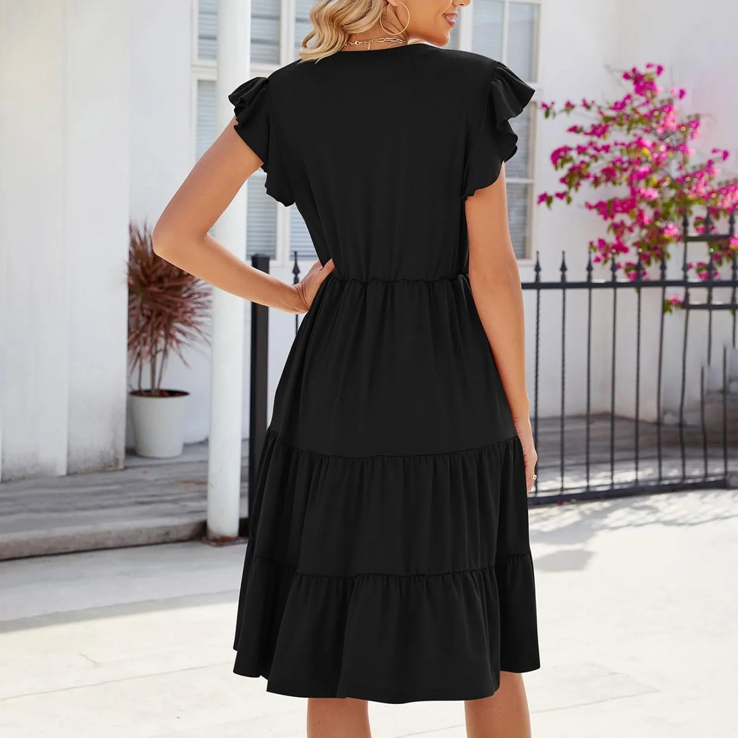 Midi Dress for Women Summer Fashion Ruffle Sleeve V Neck Dresses with Pockets Casual A Line Tiered Boho Beach Dress
