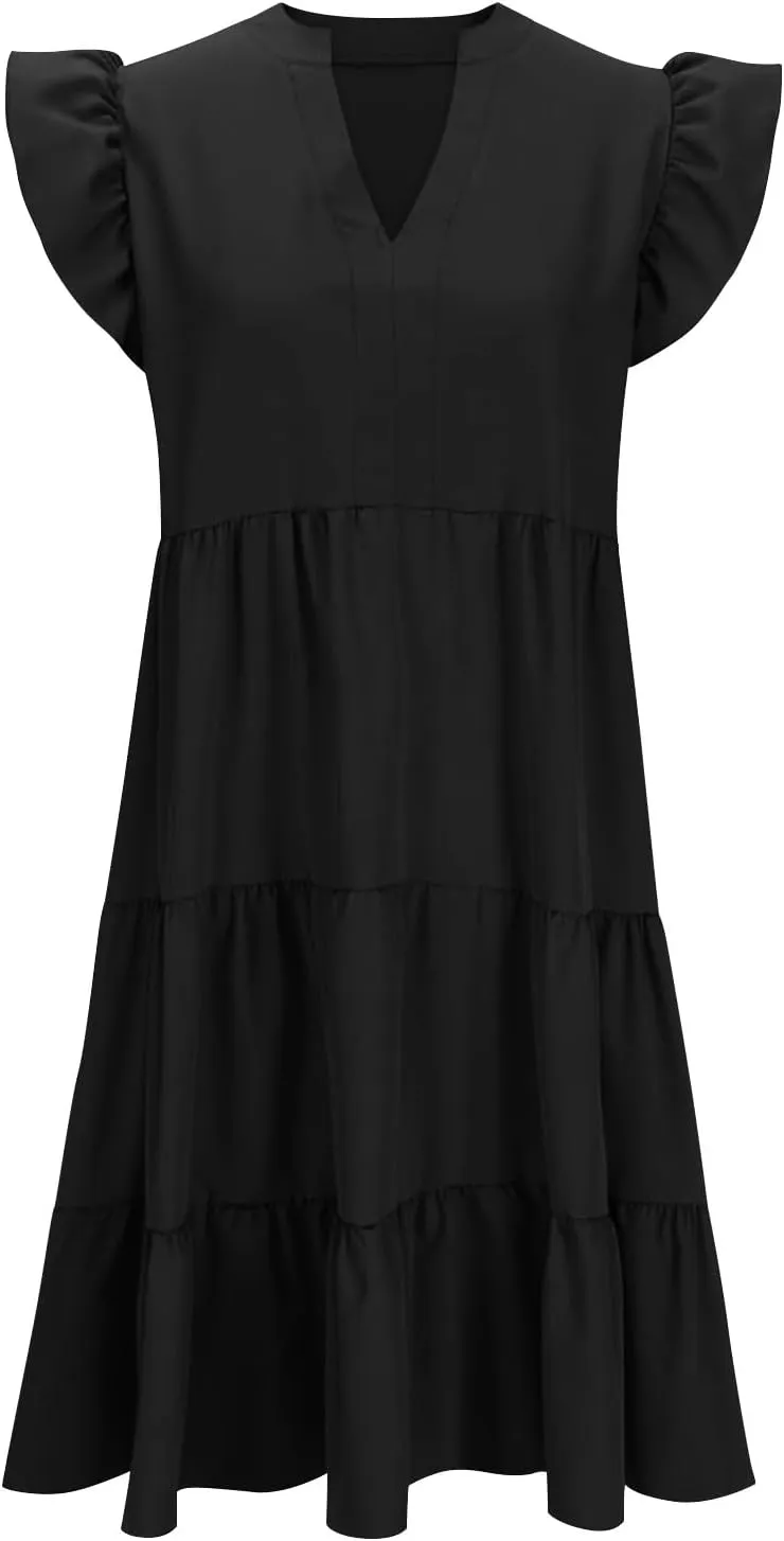 Midi Dress for Women Summer Fashion Ruffle Sleeve V Neck Dresses with Pockets Casual A Line Tiered Boho Beach Dress