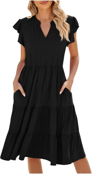 Midi Dress for Women Summer Fashion Ruffle Sleeve V Neck Dresses with Pockets Casual A Line Tiered Boho Beach Dress