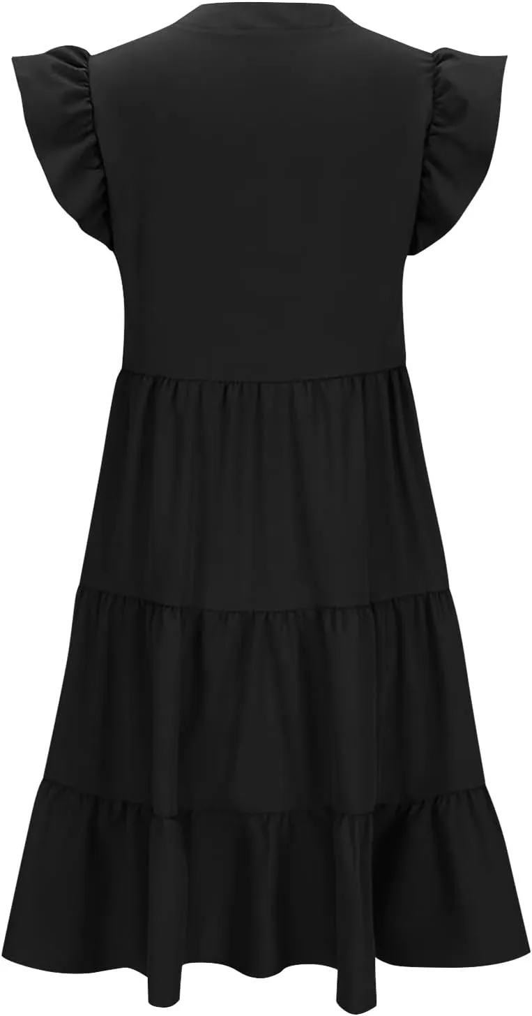 Midi Dress for Women Summer Fashion Ruffle Sleeve V Neck Dresses with Pockets Casual A Line Tiered Boho Beach Dress