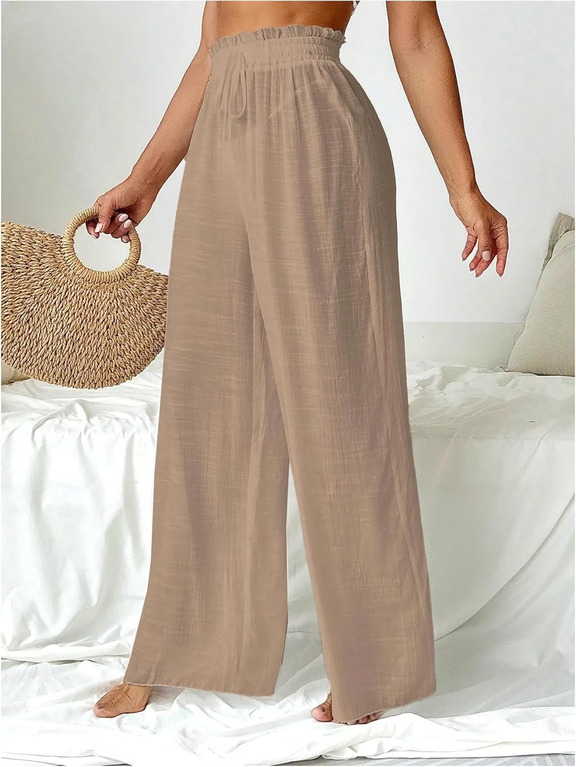 Milumia Women's Summer Linen Bathing Suit Cover Up Swim Beach Pants Sheer Wide Leg Swimsuit Coverup Pants