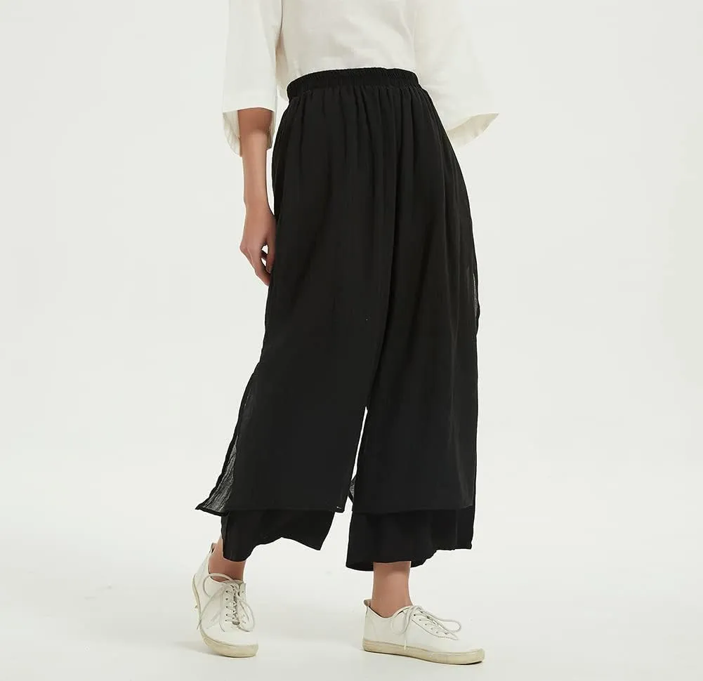 Minibee Women's Wide Leg Pants Loose Layer Capris Palazzo Elastic Waist Trousers