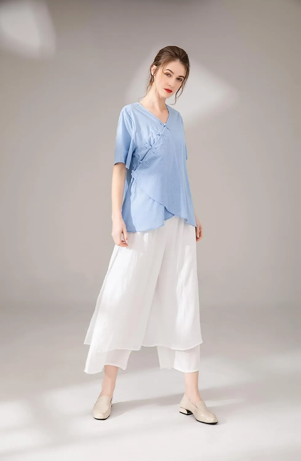 Minibee Women's Wide Leg Pants Loose Layer Capris Palazzo Elastic Waist Trousers