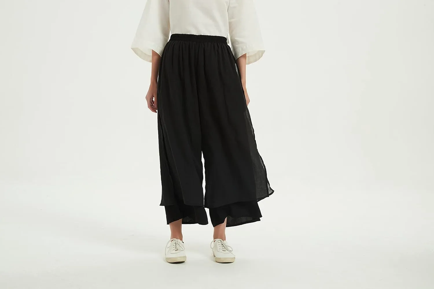 Minibee Women's Wide Leg Pants Loose Layer Capris Palazzo Elastic Waist Trousers