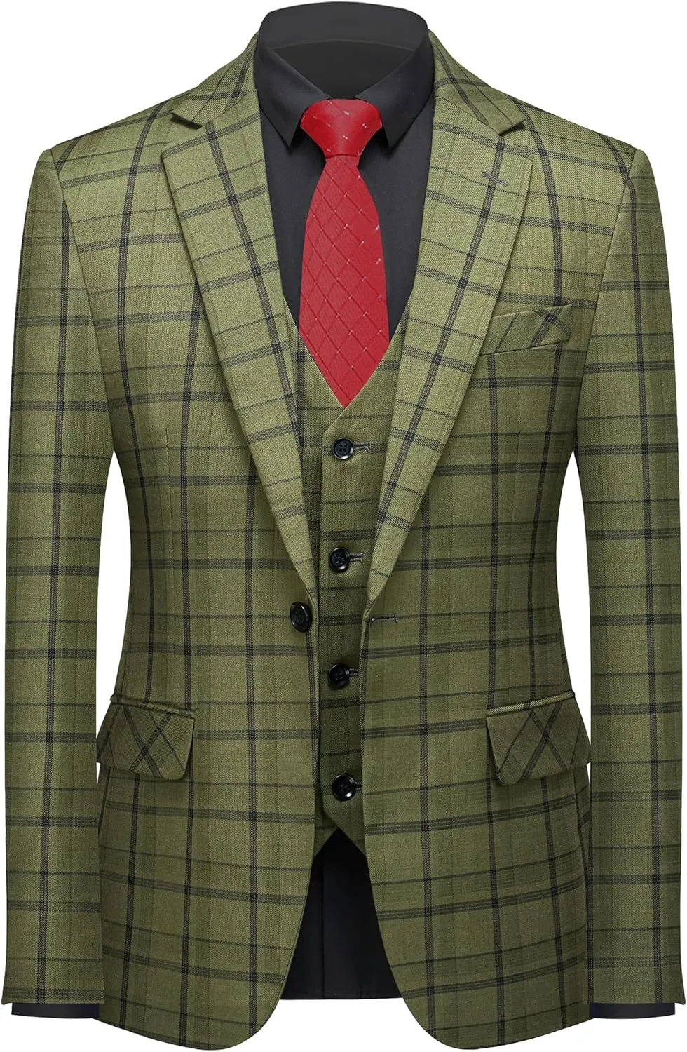 MOGU Mens 3-Piece Slim Fit Plaid Suit - Blazer, Vest, and Pants Set for Wedding Prom Casual