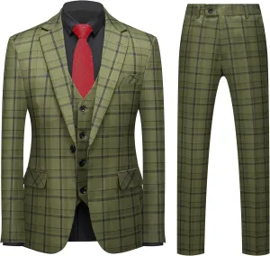 MOGU Mens 3-Piece Slim Fit Plaid Suit - Blazer, Vest, and Pants Set for Wedding Prom Casual
