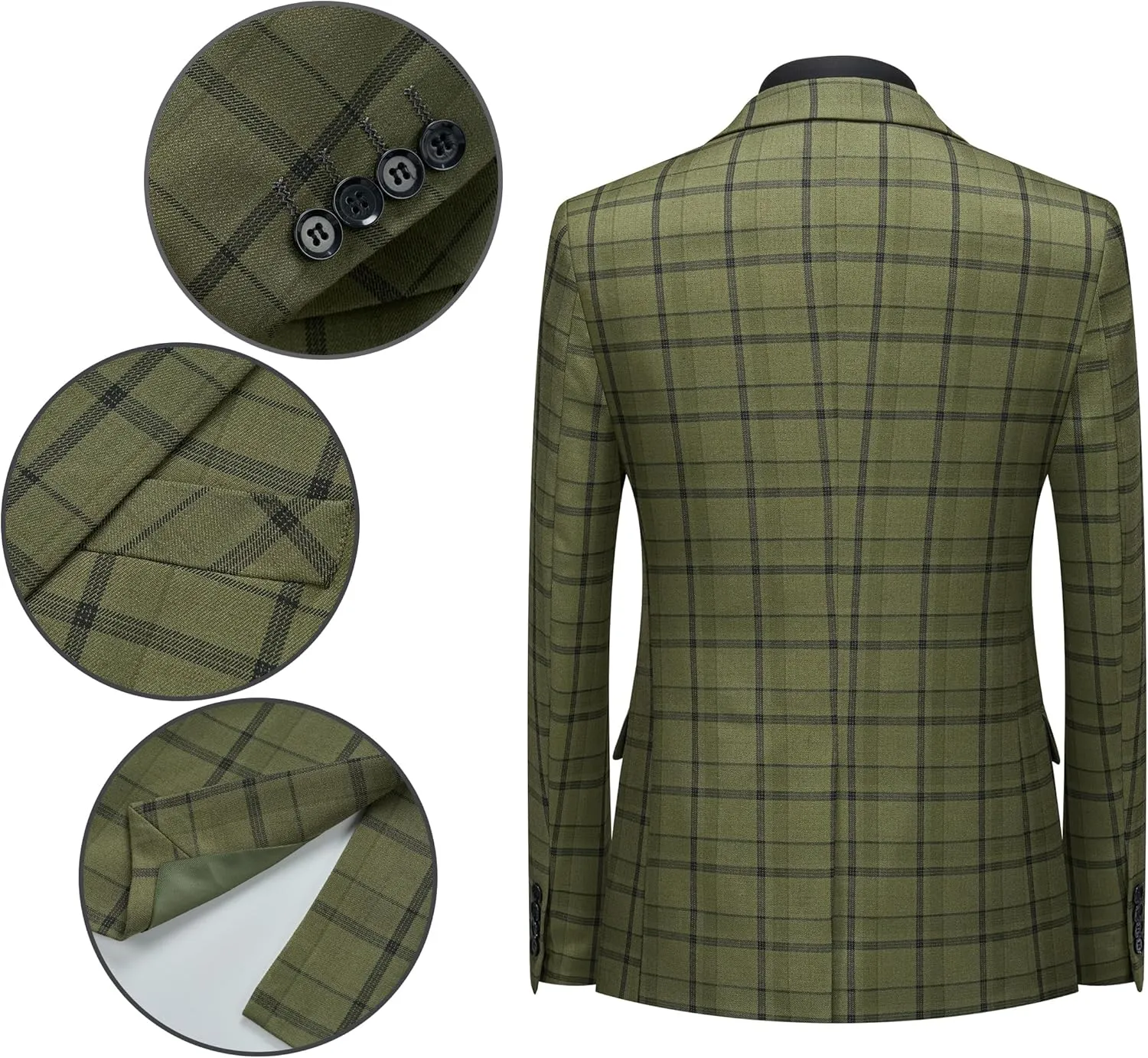 MOGU Mens 3-Piece Slim Fit Plaid Suit - Blazer, Vest, and Pants Set for Wedding Prom Casual