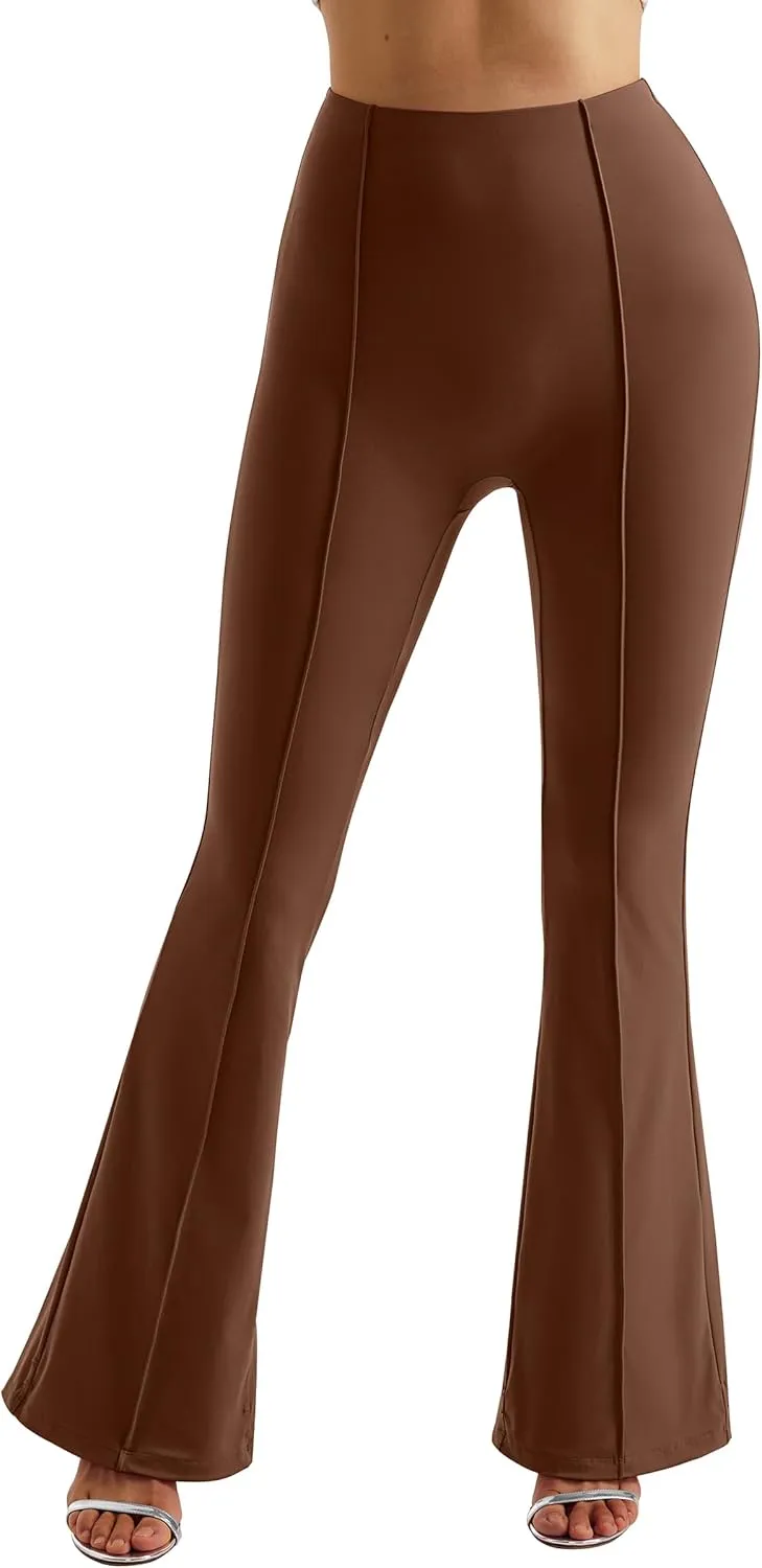 MOOSLOVER Women Seamed Detail Flare Leggings Elastic High Waisted Bell Bottom Bootcut Yoga Casual Pants