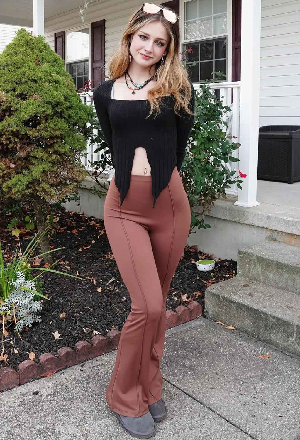 MOOSLOVER Women Seamed Detail Flare Leggings Elastic High Waisted Bell Bottom Bootcut Yoga Casual Pants