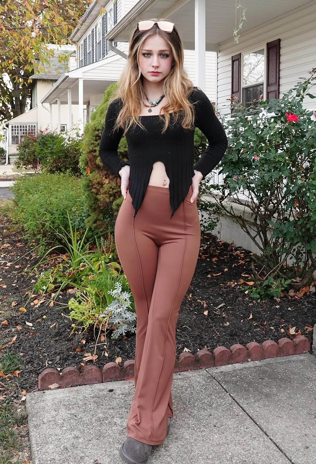 MOOSLOVER Women Seamed Detail Flare Leggings Elastic High Waisted Bell Bottom Bootcut Yoga Casual Pants