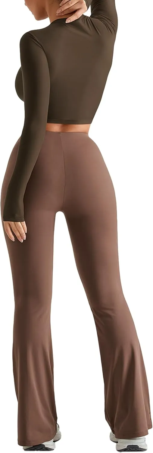 MOOSLOVER Women Seamed Detail Flare Leggings Elastic High Waisted Bell Bottom Bootcut Yoga Casual Pants