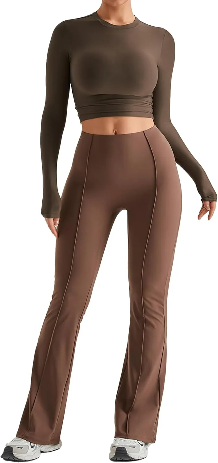 MOOSLOVER Women Seamed Detail Flare Leggings Elastic High Waisted Bell Bottom Bootcut Yoga Casual Pants