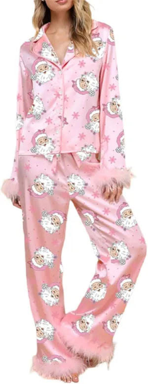 Muineobuka Christmas Pajamas for Women Button Down Shirt and Pants Feather Pajamas Set Satin Silk Christma PJs Loungewear