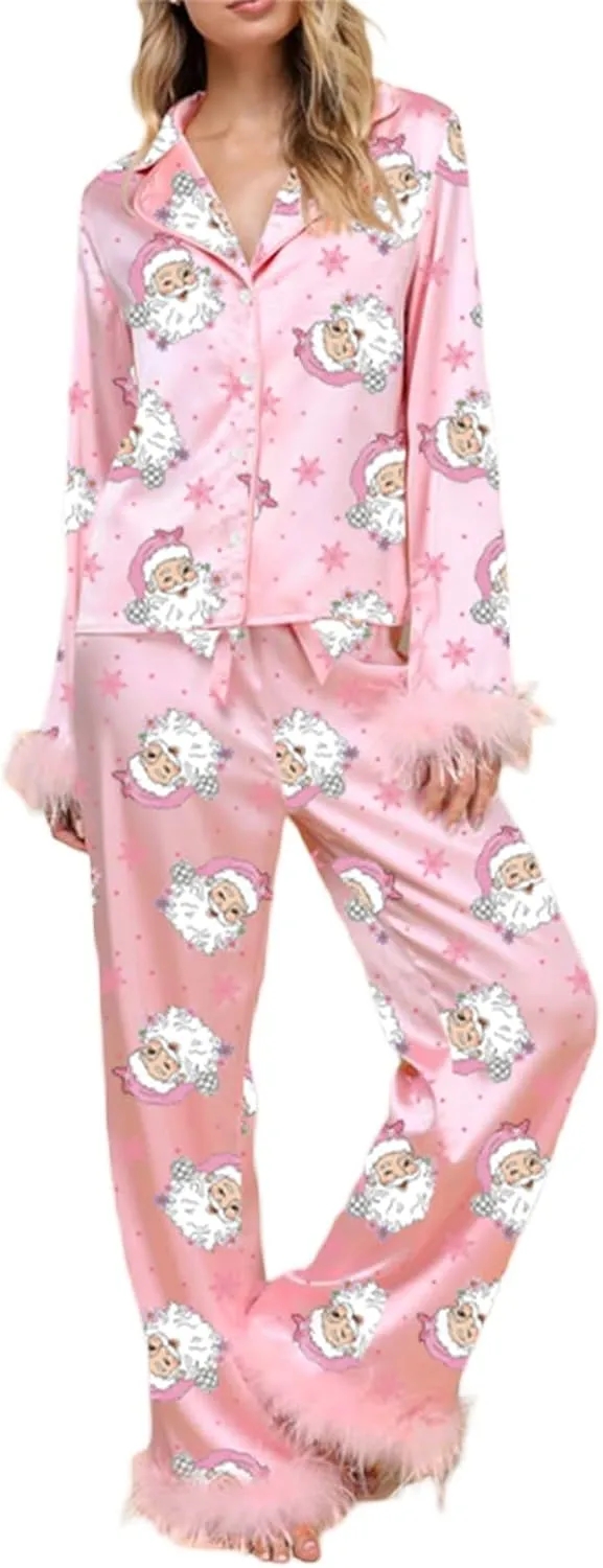 Muineobuka Christmas Pajamas for Women Button Down Shirt and Pants Feather Pajamas Set Satin Silk Christma PJs Loungewear