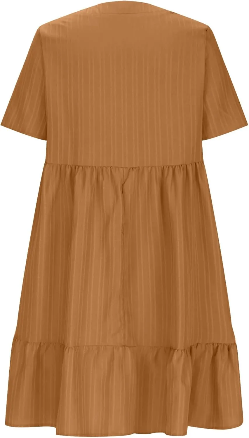NaRHbrg Women's Casual Summer Midi Dress Short Sleeve V-Neck Loose Dress Ruffle Swing A Line Beach Sundress Flowy Dresses