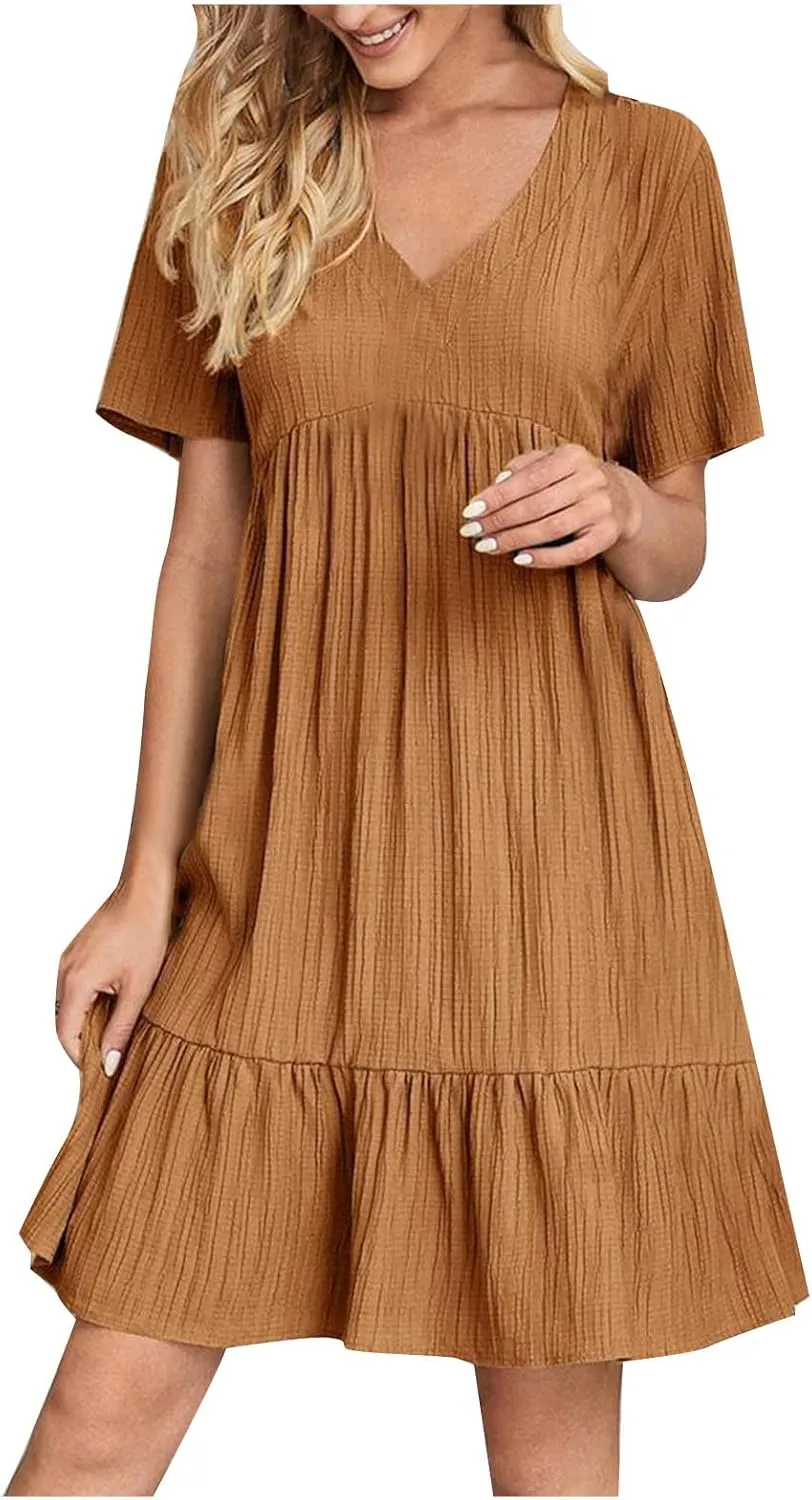 NaRHbrg Women's Casual Summer Midi Dress Short Sleeve V-Neck Loose Dress Ruffle Swing A Line Beach Sundress Flowy Dresses