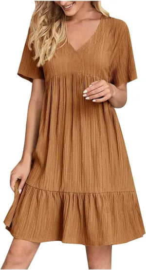 NaRHbrg Women's Casual Summer Midi Dress Short Sleeve V-Neck Loose Dress Ruffle Swing A Line Beach Sundress Flowy Dresses
