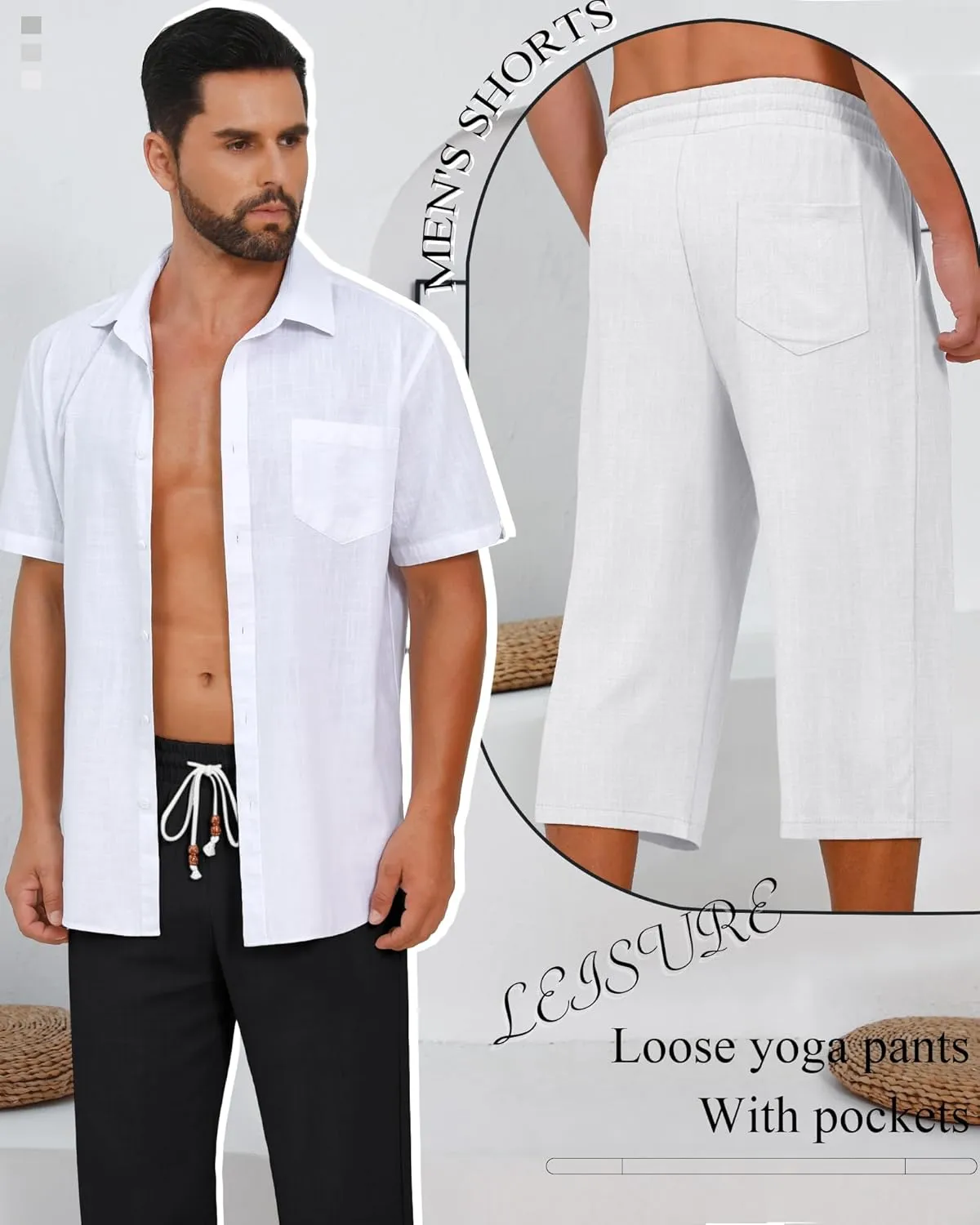 Neer 2 Pack Men's Linen Capri Pants, Lightweight Baggy 3/4 Shorts Drawstring Elastic Waist Beach Yoga Pants with Pockets