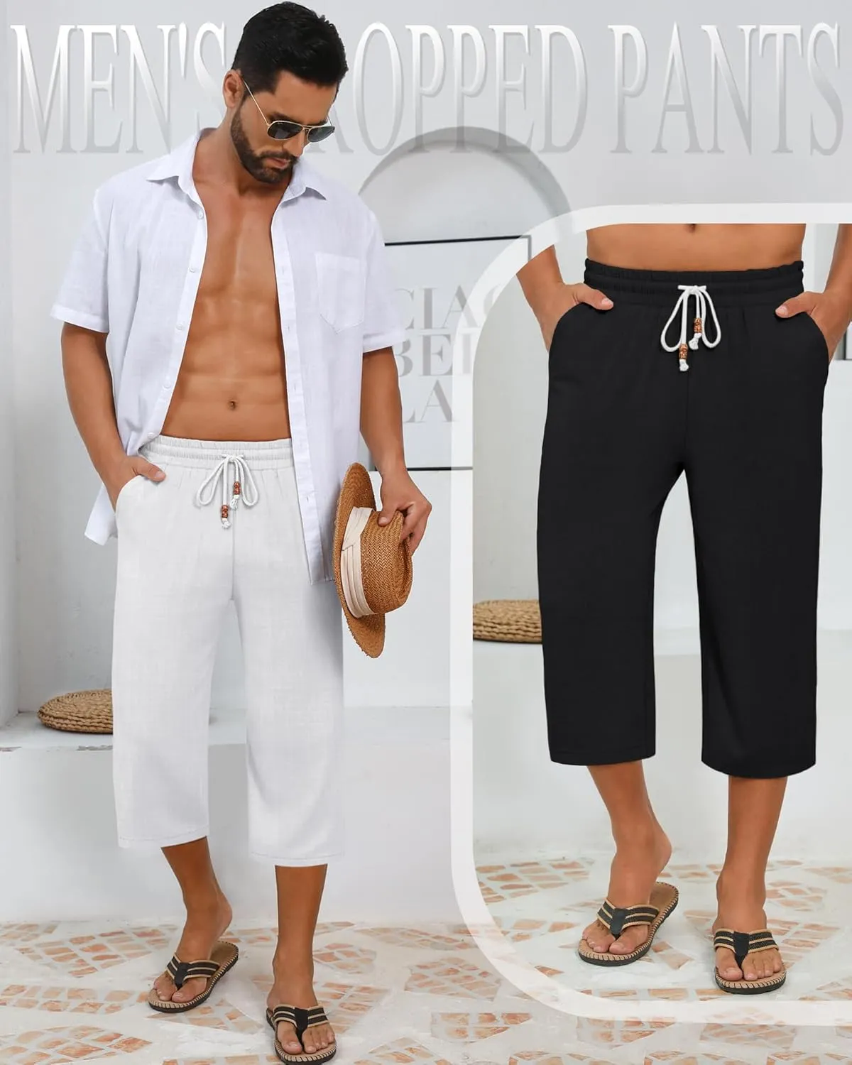 Neer 2 Pack Men's Linen Capri Pants, Lightweight Baggy 3/4 Shorts Drawstring Elastic Waist Beach Yoga Pants with Pockets