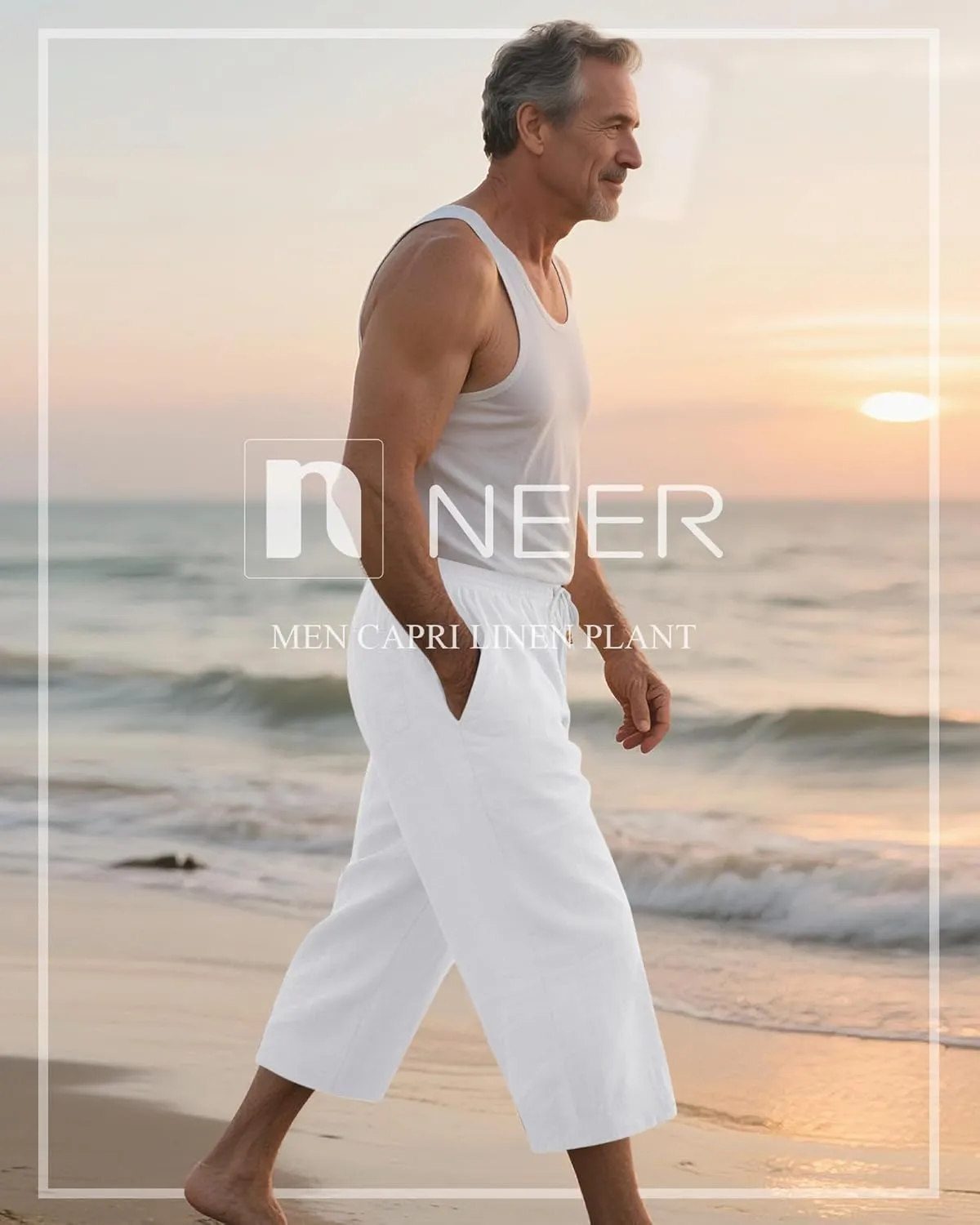 Neer 2 Pack Men's Linen Capri Pants, Lightweight Baggy 3/4 Shorts Drawstring Elastic Waist Beach Yoga Pants with Pockets