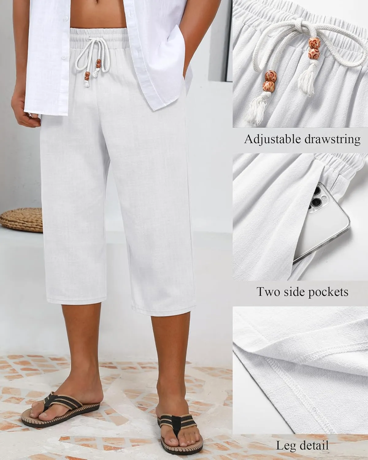 Neer 2 Pack Men's Linen Capri Pants, Lightweight Baggy 3/4 Shorts Drawstring Elastic Waist Beach Yoga Pants with Pockets