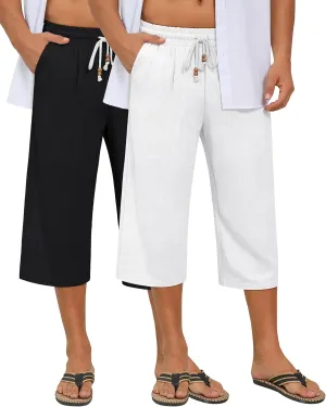 Neer 2 Pack Men's Linen Capri Pants, Lightweight Baggy 3/4 Shorts Drawstring Elastic Waist Beach Yoga Pants with Pockets