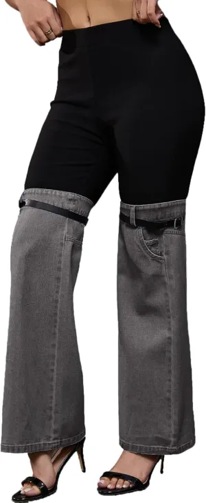 Nihsatin Women's Two Tone Denim Patchwork Flared Pants High Waisted Color Block Bell Bottom Jeans Pants