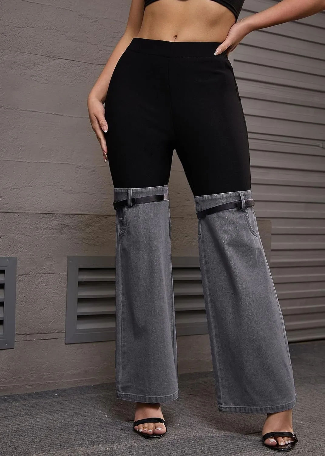 Nihsatin Women's Two Tone Denim Patchwork Flared Pants High Waisted Color Block Bell Bottom Jeans Pants