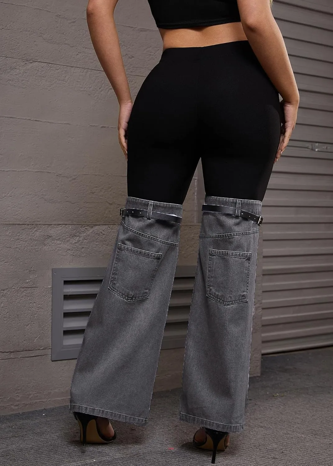 Nihsatin Women's Two Tone Denim Patchwork Flared Pants High Waisted Color Block Bell Bottom Jeans Pants