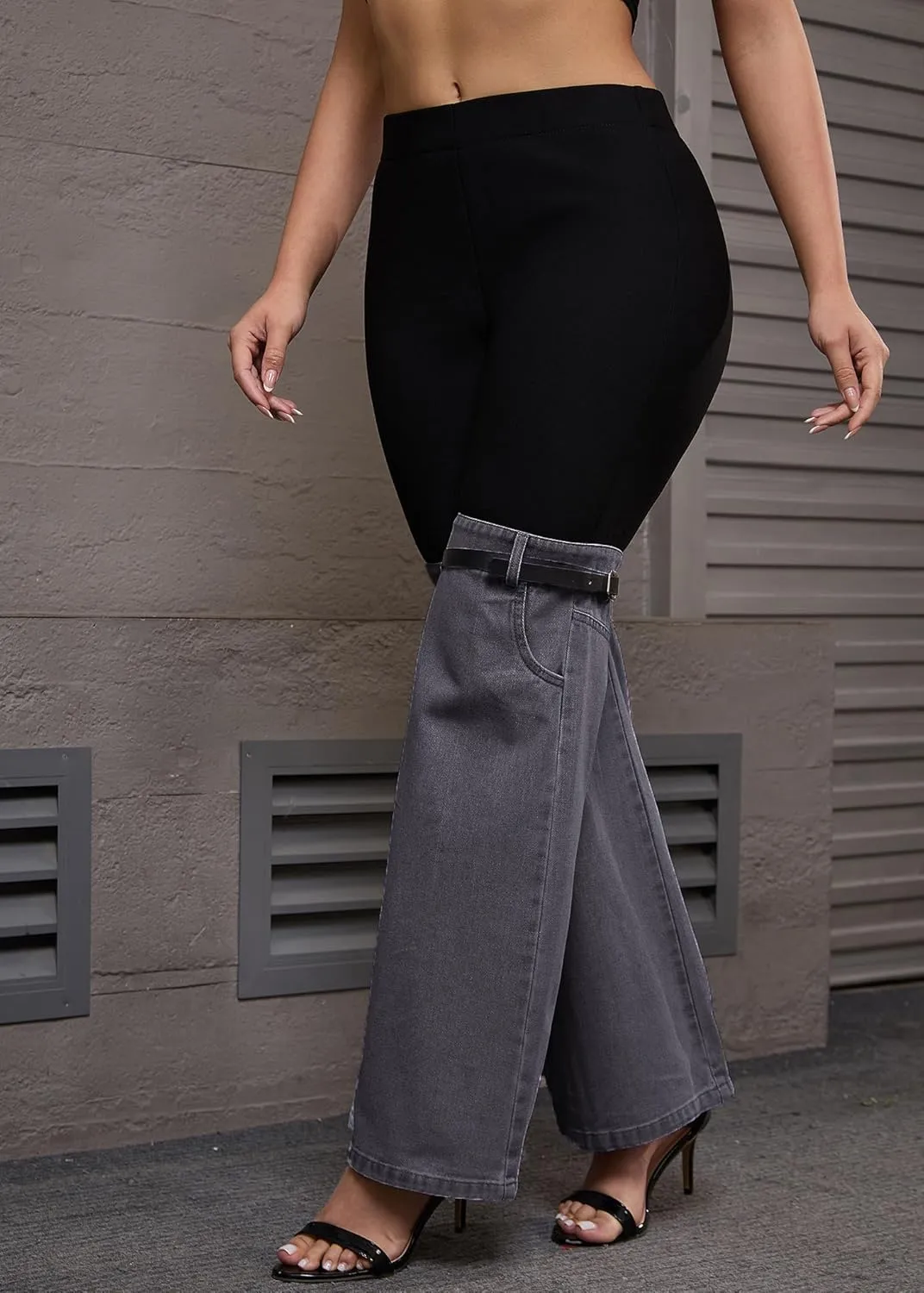 Nihsatin Women's Two Tone Denim Patchwork Flared Pants High Waisted Color Block Bell Bottom Jeans Pants