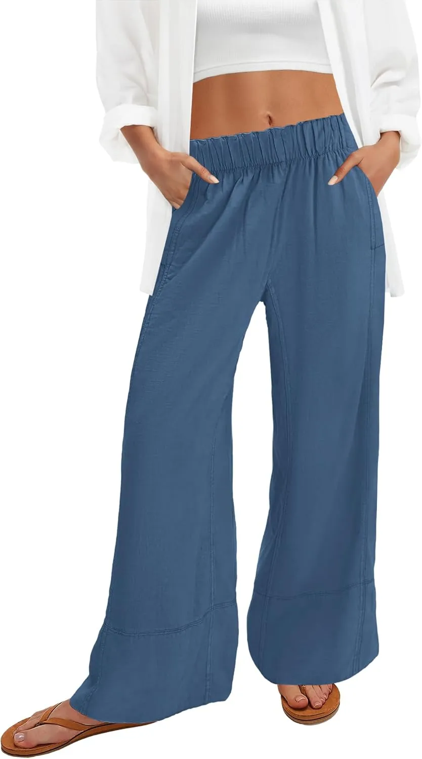 Nirovien Womens Wide Leg Linen Pants High Waisted Palazzo Pants Casual Summer Vacation Trousers with Pockets