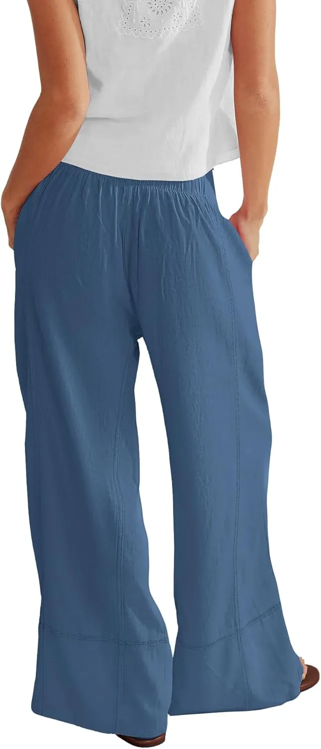 Nirovien Womens Wide Leg Linen Pants High Waisted Palazzo Pants Casual Summer Vacation Trousers with Pockets