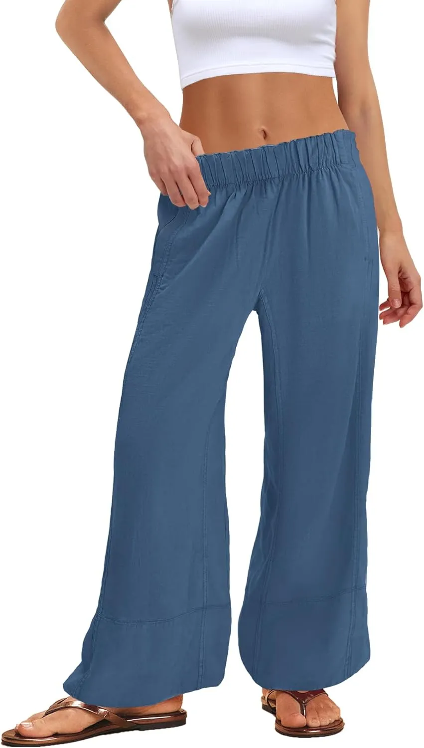 Nirovien Womens Wide Leg Linen Pants High Waisted Palazzo Pants Casual Summer Vacation Trousers with Pockets