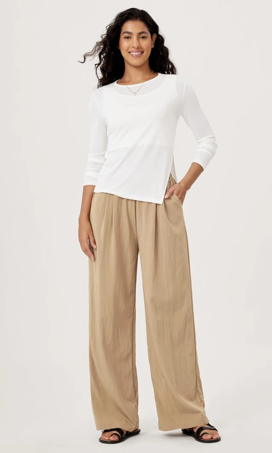 ODODOS Women's Wide Leg Pants with Pockets Crinkle Comfy High Waist Pull-On Lounge Casual Pants