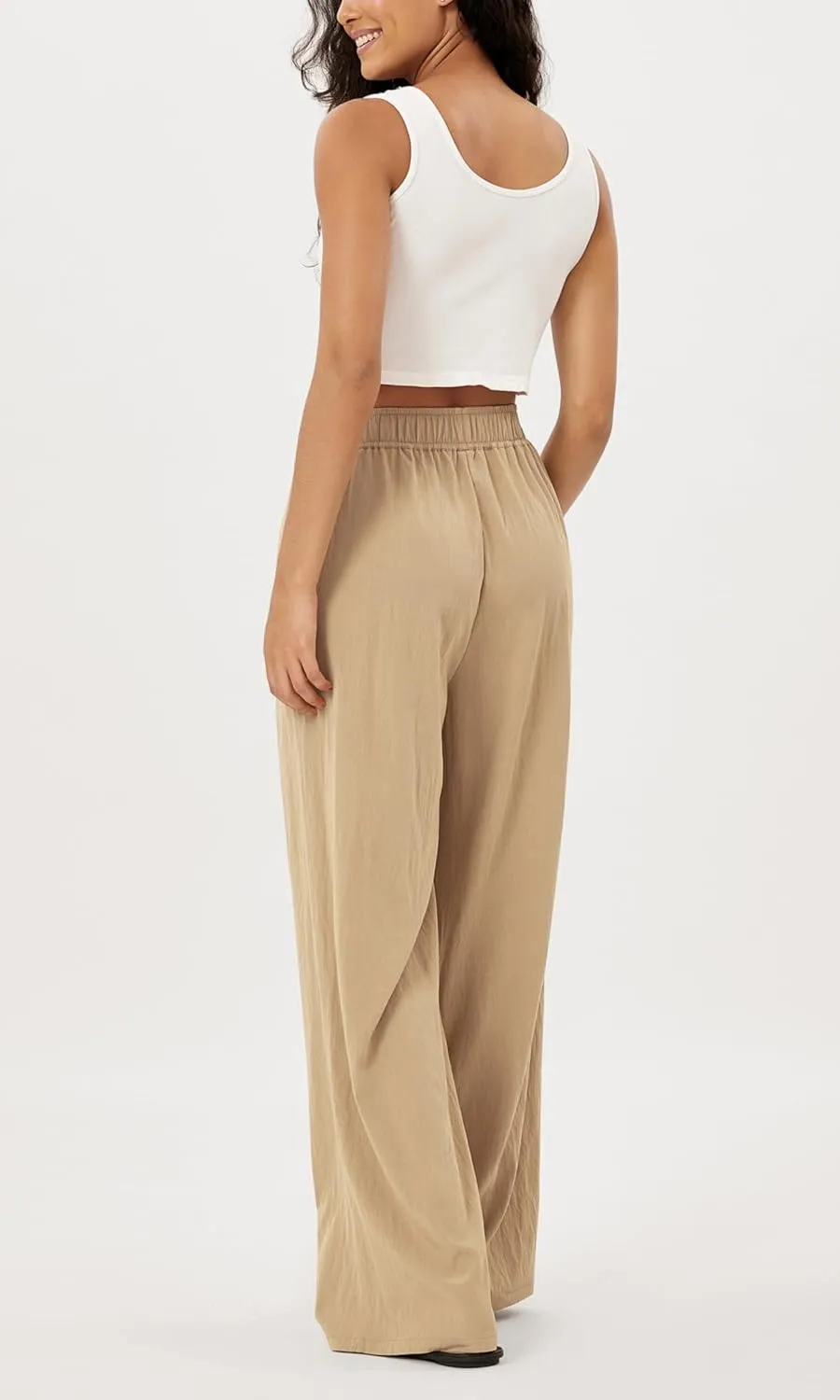 ODODOS Women's Wide Leg Pants with Pockets Crinkle Comfy High Waist Pull-On Lounge Casual Pants