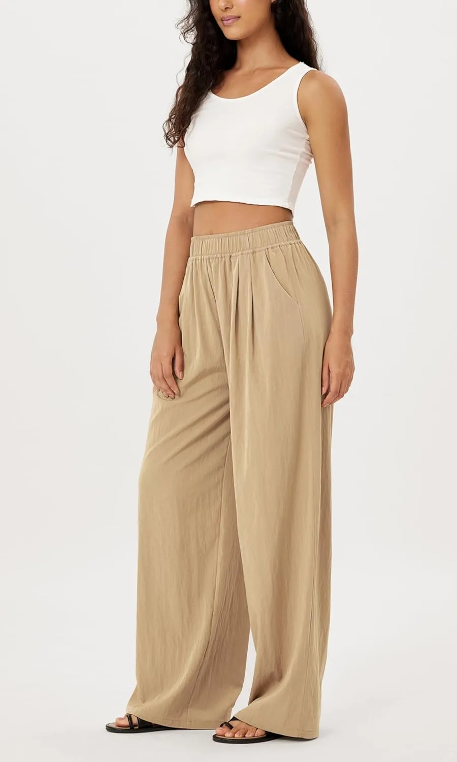 ODODOS Women's Wide Leg Pants with Pockets Crinkle Comfy High Waist Pull-On Lounge Casual Pants