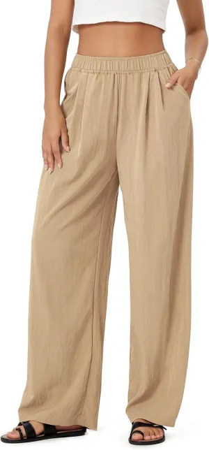 ODODOS Women's Wide Leg Pants with Pockets Crinkle Comfy High Waist Pull-On Lounge Casual Pants