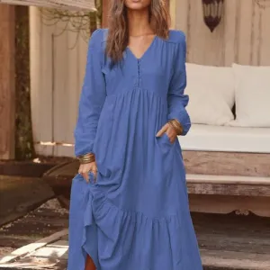 ONLYWOOD Womens V-Neck Summer Loose Sundress Solid Color Casual Long Sleeves Cotton Button Down Long Maxi Beach Basic Dresses