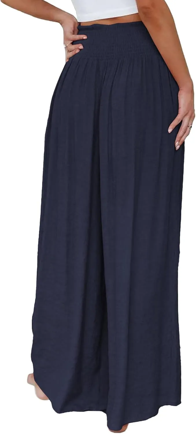 OPOIPIN Women's Smocked High Waisted Lounge Trousers Wide Leg Long Pants with Pockets