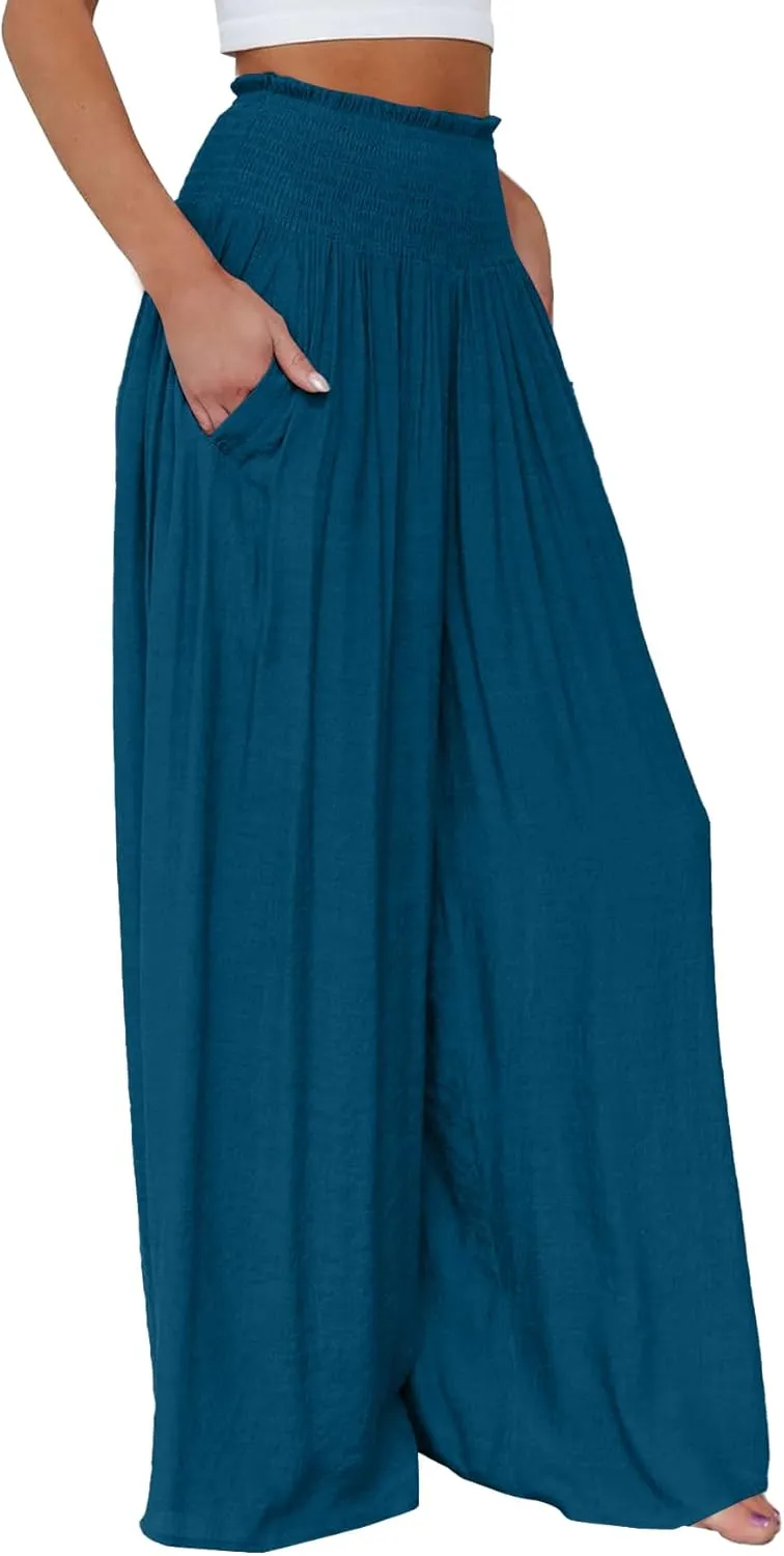 OPOIPIN Women's Smocked High Waisted Lounge Trousers Wide Leg Long Pants with Pockets