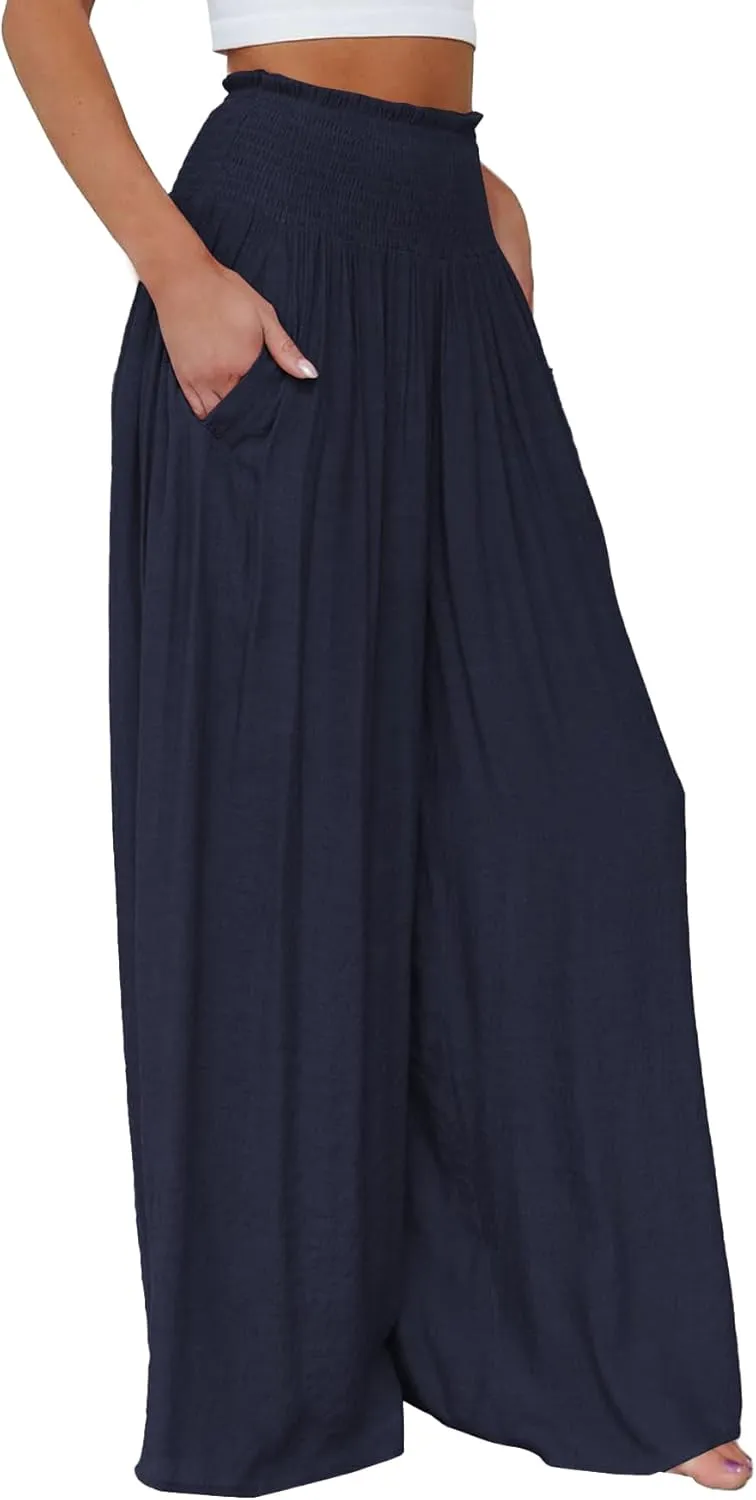 OPOIPIN Women's Smocked High Waisted Lounge Trousers Wide Leg Long Pants with Pockets