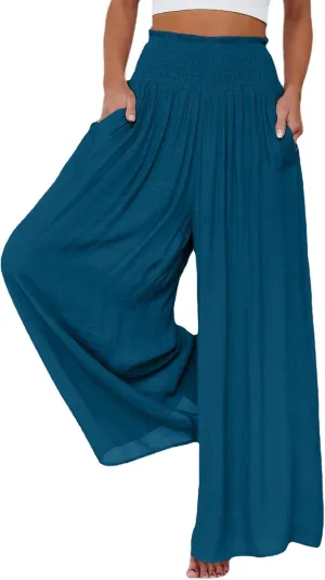 OPOIPIN Women's Smocked High Waisted Lounge Trousers Wide Leg Long Pants with Pockets