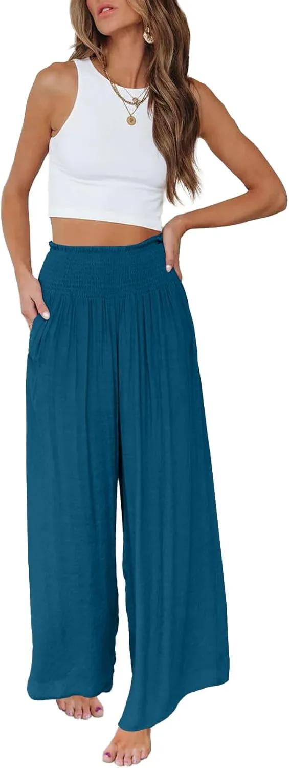 OPOIPIN Women's Smocked High Waisted Lounge Trousers Wide Leg Long Pants with Pockets