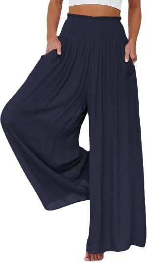 OPOIPIN Women's Smocked High Waisted Lounge Trousers Wide Leg Long Pants with Pockets