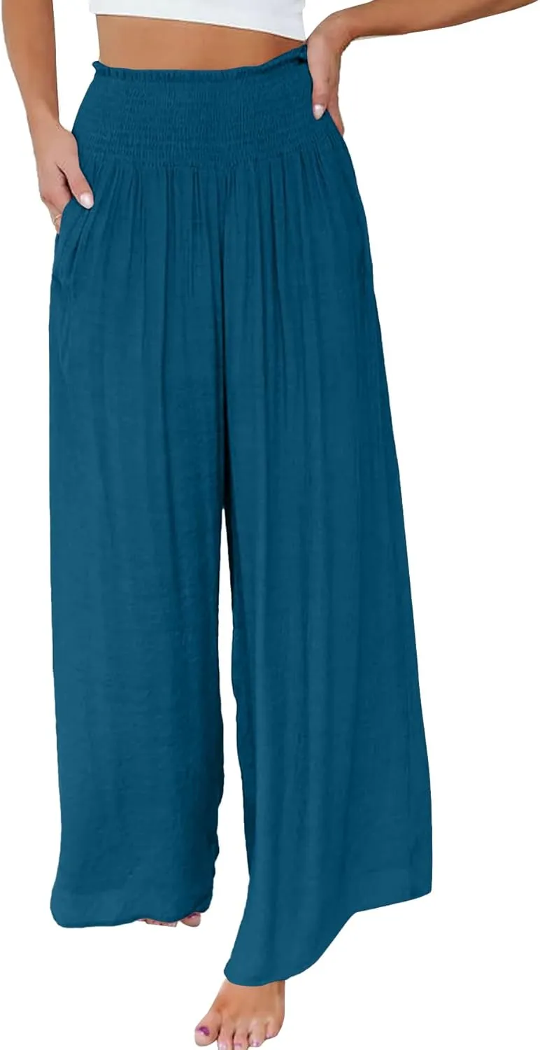 OPOIPIN Women's Smocked High Waisted Lounge Trousers Wide Leg Long Pants with Pockets