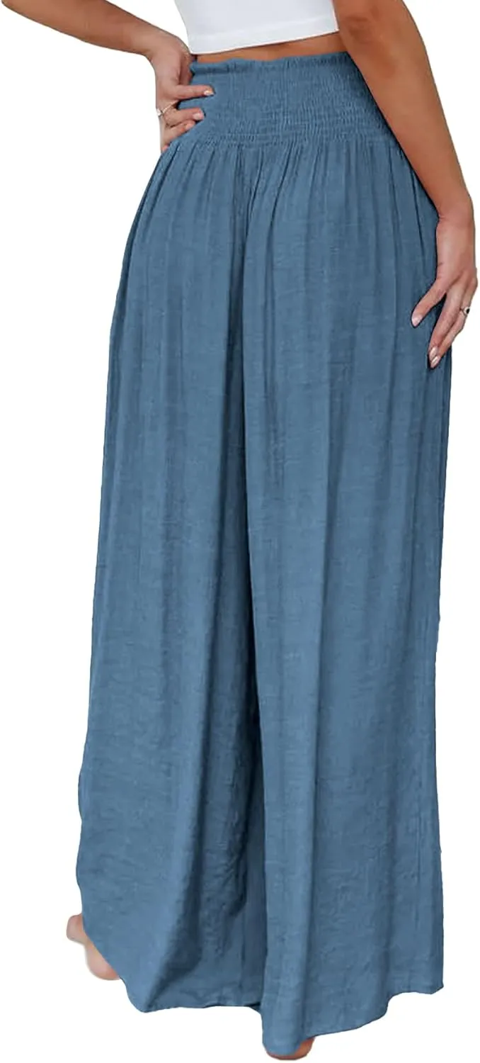 OPOIPIN Women's Smocked High Waisted Lounge Trousers Wide Leg Long Pants with Pockets
