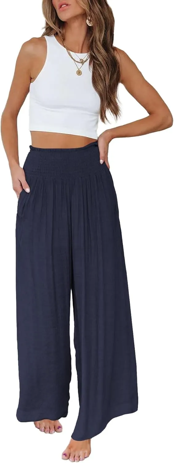 OPOIPIN Women's Smocked High Waisted Lounge Trousers Wide Leg Long Pants with Pockets