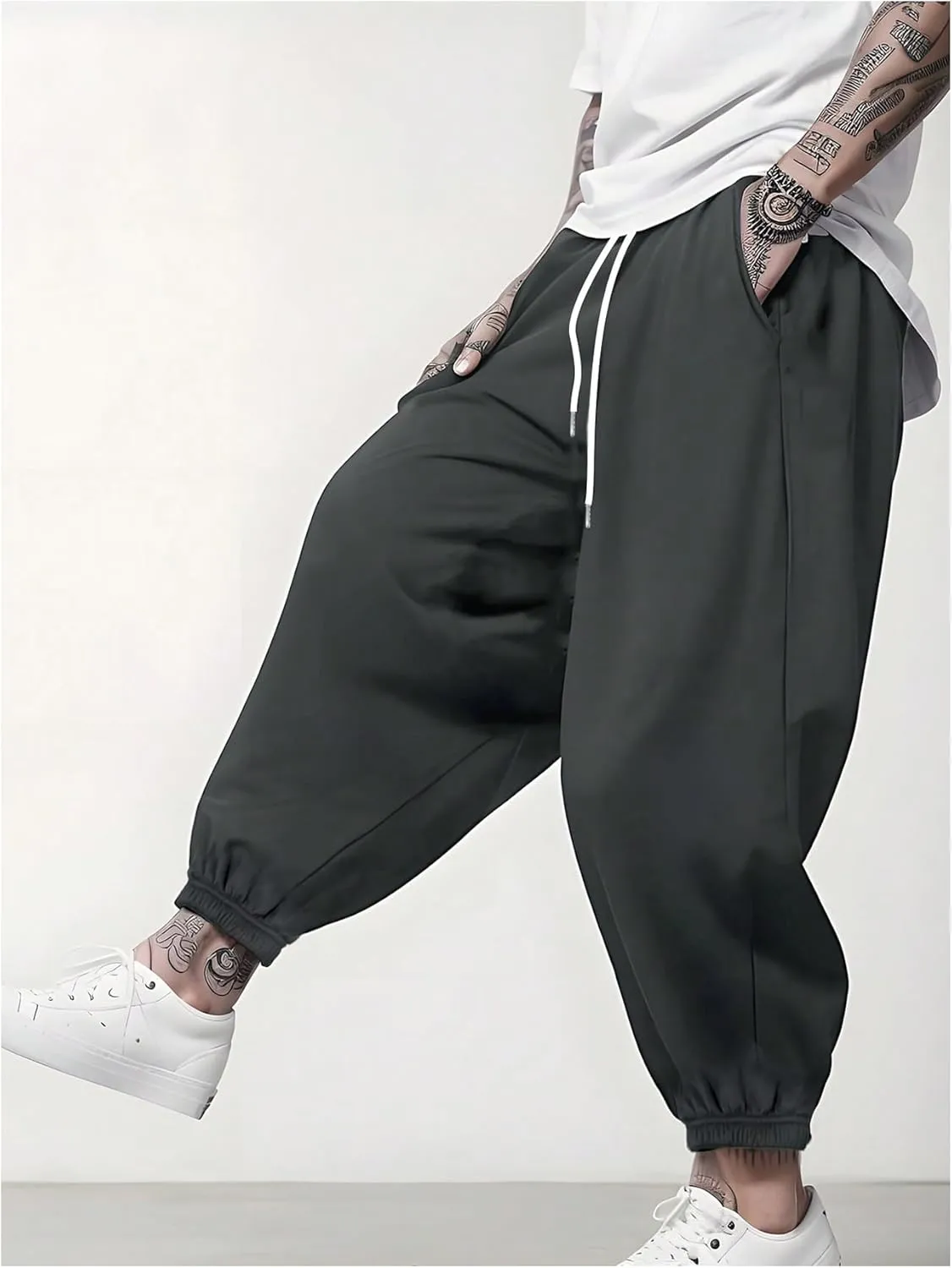 OYOANGLE Men's Baggy Jogger Pants Elastic Drawstring Waist Harem Pants with Pocket Sports Gym Trousers